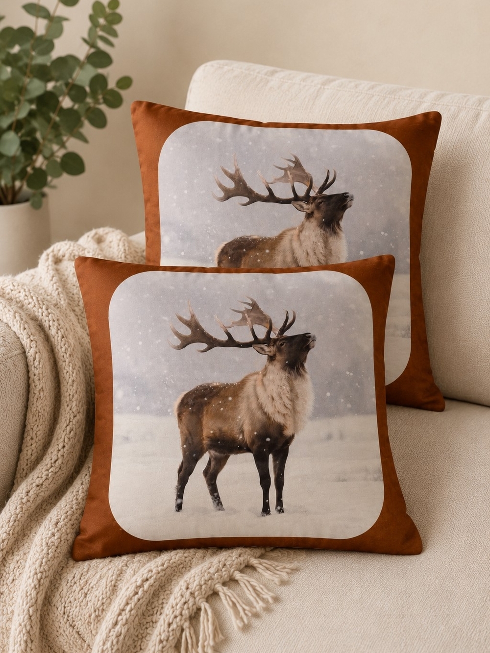 Rust Brown Reindeer Holiday Throw Pillow - Home Holiday 18 X 18 - NIP